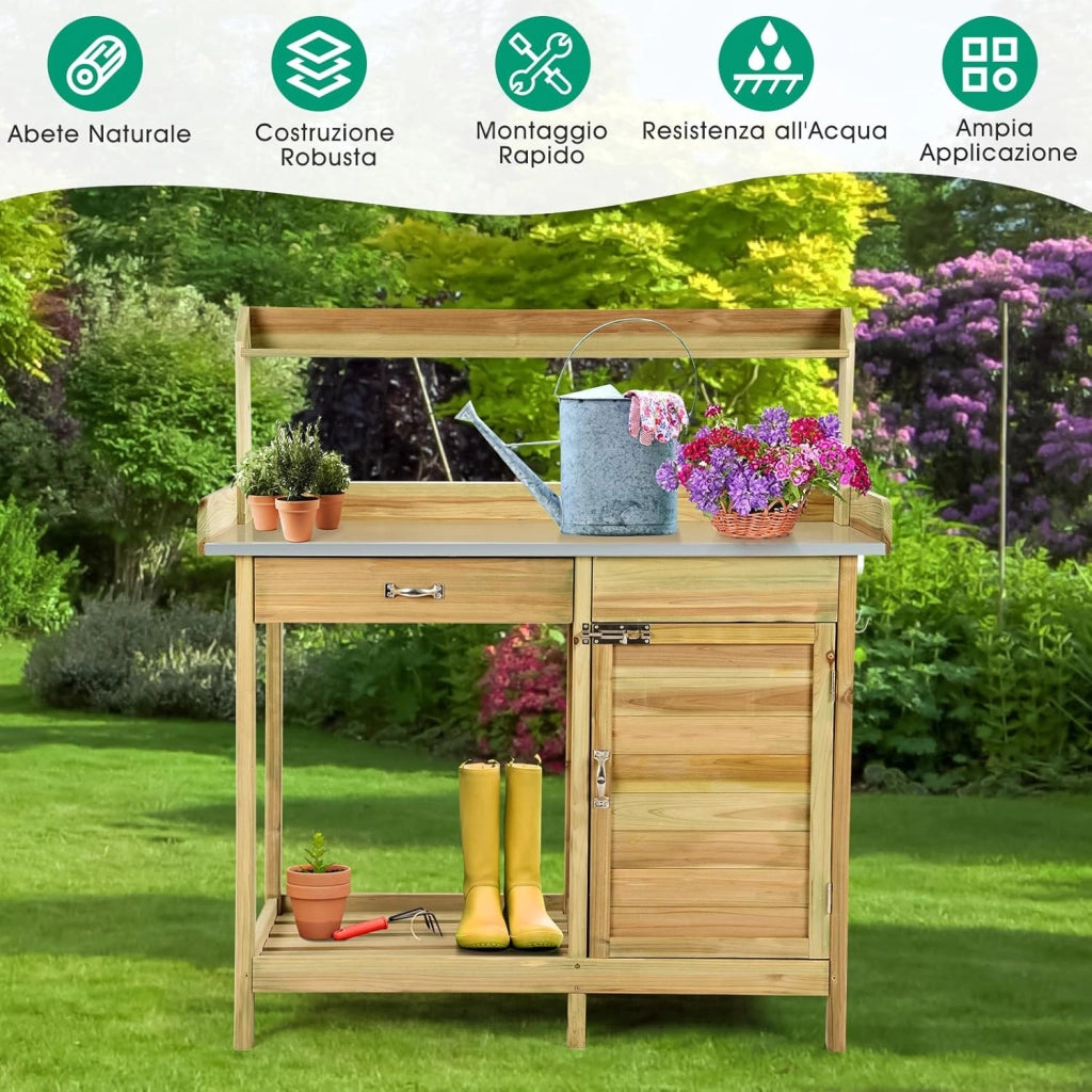 Tavolo Lavoro per Giardinaggio per Piante in Legno di Abete, Banco da Giardino con Cassetto, Armadietto, Mensola Aperta e 3 Ganci, Tavolo di Giardinaggio, 112 x 46 x 125 cm, Naturale