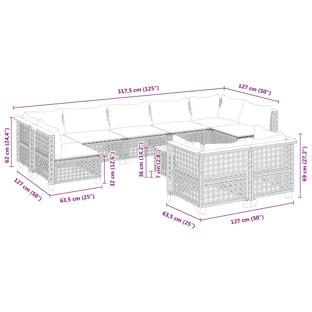 Set Divano da Giardino 10 pz con Cuscini Beige in Polyrattan 3262000