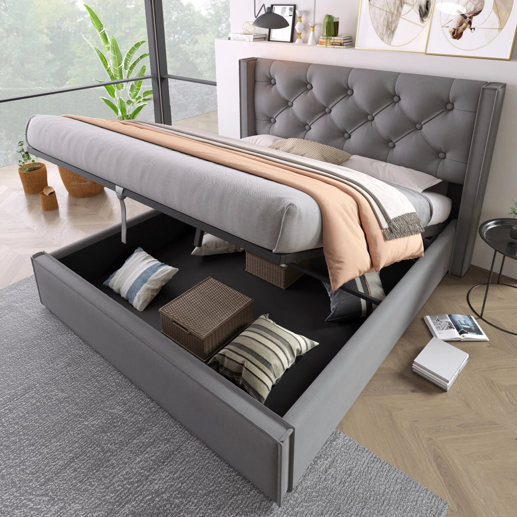 LETTO Imbottito con contenitore 140x200 cm Grigio in cotone