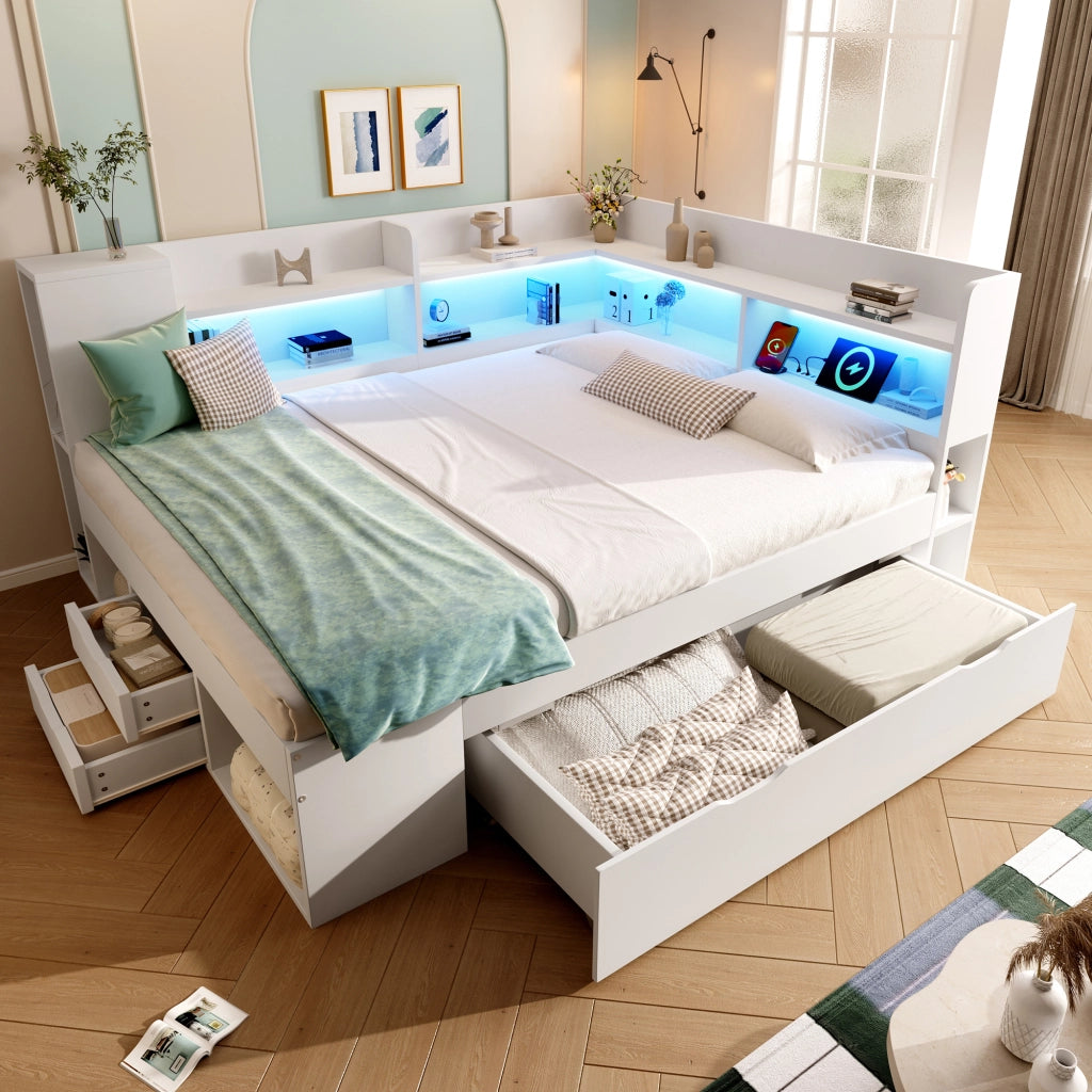 Letto divano 140 × 200 cm con LED, USB e Type-C, contenitore con cassetti, materasso incluso, bianco