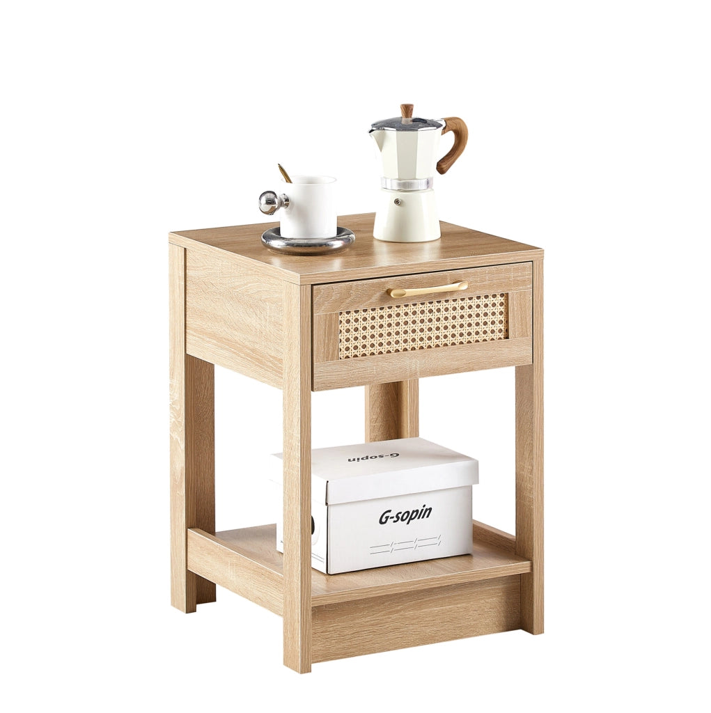 Comodino in rattan con cassetto in MDF naturale