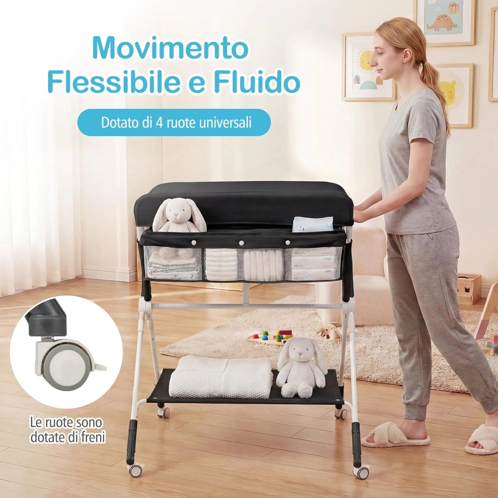 Fasciatoio Pieghevole per Bambini, Fasciatoio Portatile con Altezza Regolabile a 3 Livelli, Fasciatoio Neonato con Ruote di Bloccabili, Ripiano, Porta Asciugamani, per 0-12 Mesi (Nero)