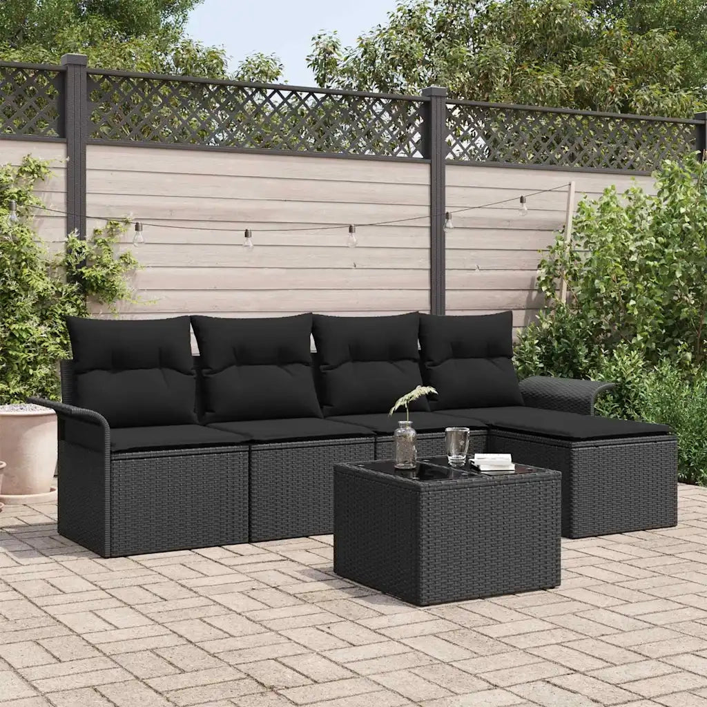 Divano da esterno con cuscino 6 pcs Nero polyrattan