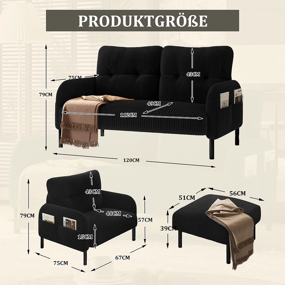 Set 3 pezzi - Xylo - divano+poltrona+pouf cord tubo acciaio nero