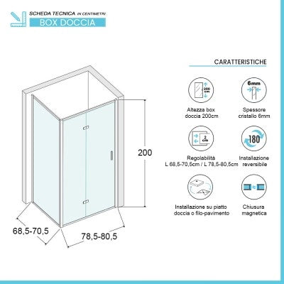 Box doccia 70x80 cm con porta a soffietto serigrafata H 200 cm Ted