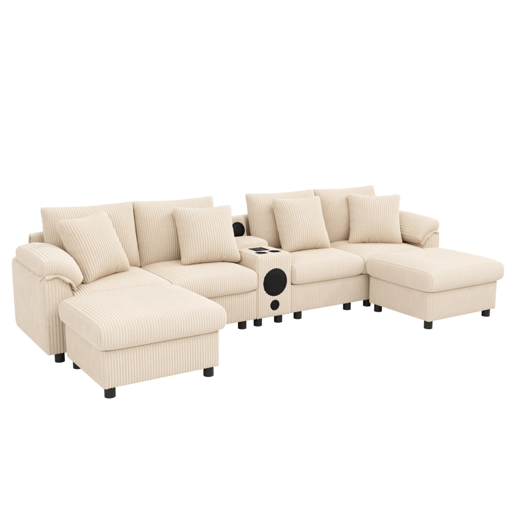 Divano modulare a U e L in velluto a coste beige 315;5 x 144 x 84;5 cm con console Bluetooth