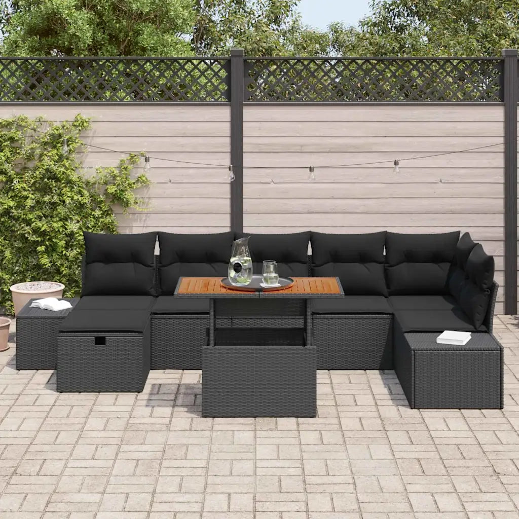 Set Divano da Giardino con cuscino 8 pcs Nero polyrattan