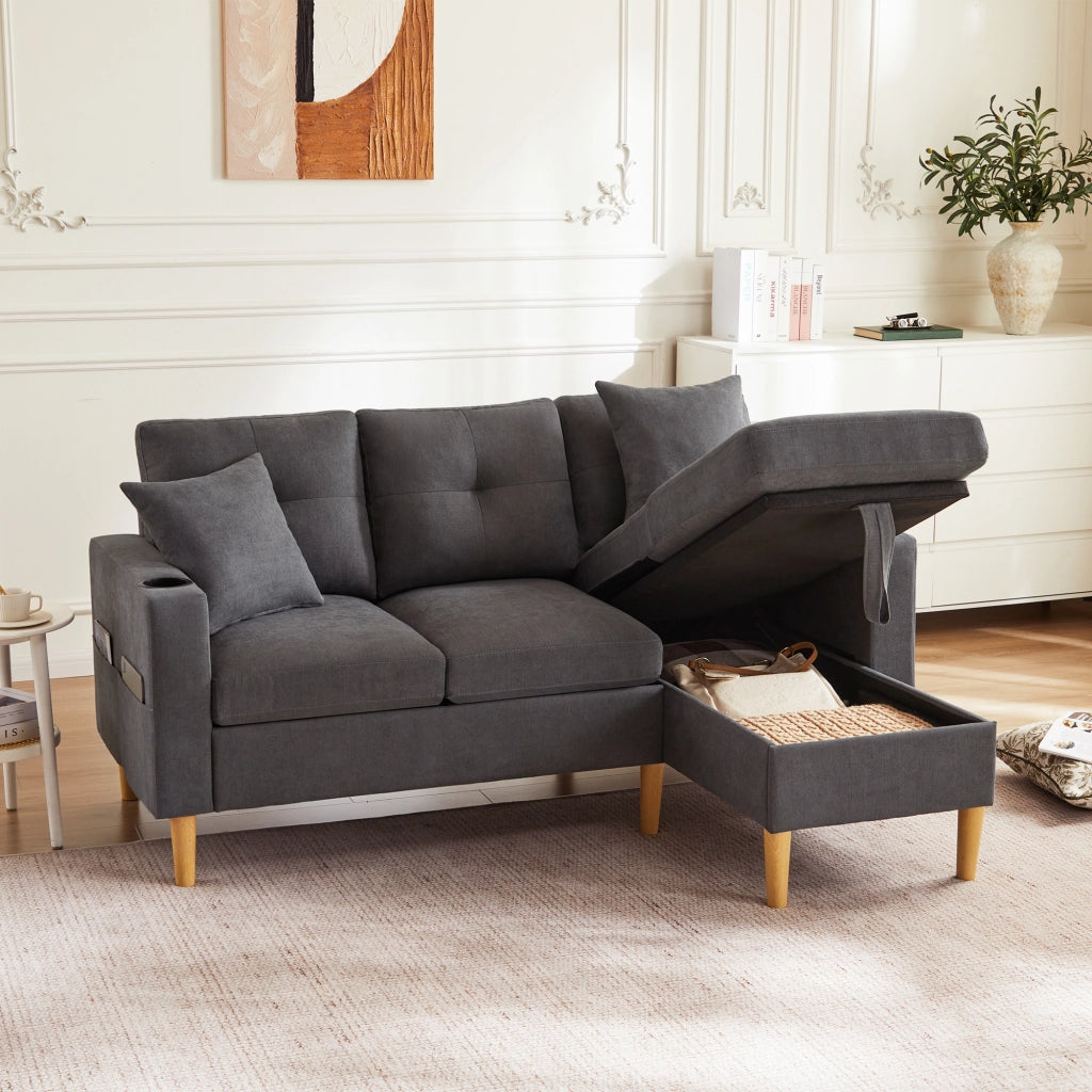 Divano Angolare 3 Posti con Chaise Longue e Contenitore ¨C MINIMAL ¨C con Cuscini e Portabicchieri