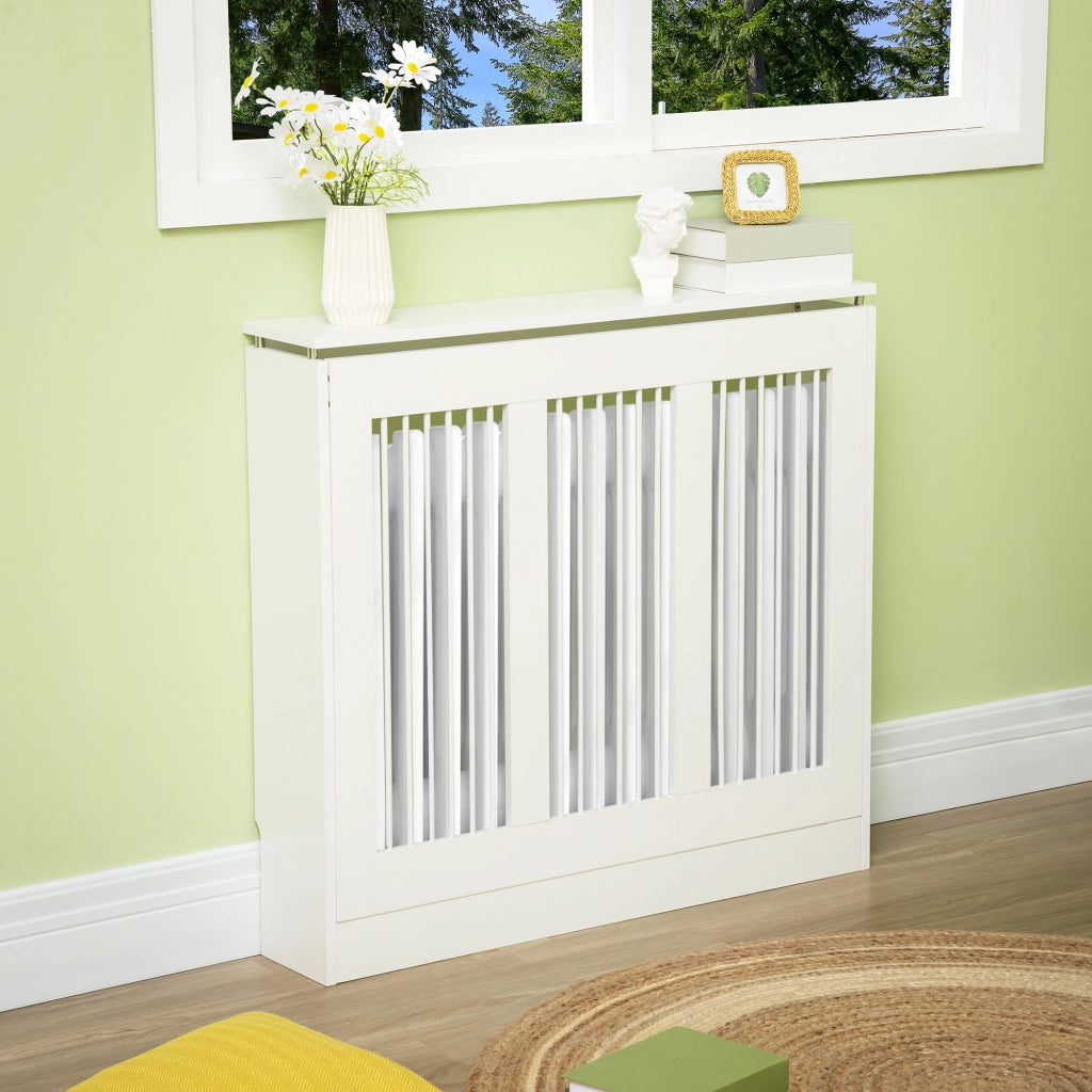 Copritermosifone a Doghe, Copri Termosifone Moderno con Antiribaltamento per Soggiorno, Corridoio, Ufficio, in MDF e Acciaio, 90x18x84cm, Bianco