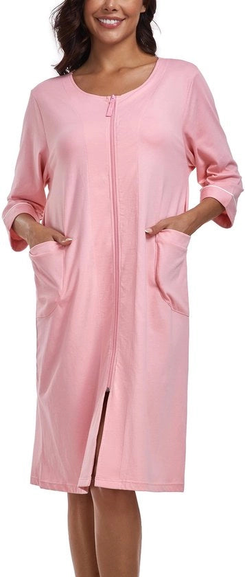 Camicia da notte per donna con zip, giacca leggera in cotone 100%, camicia da notte con maniche 3/4 e tasche (rosa, M)