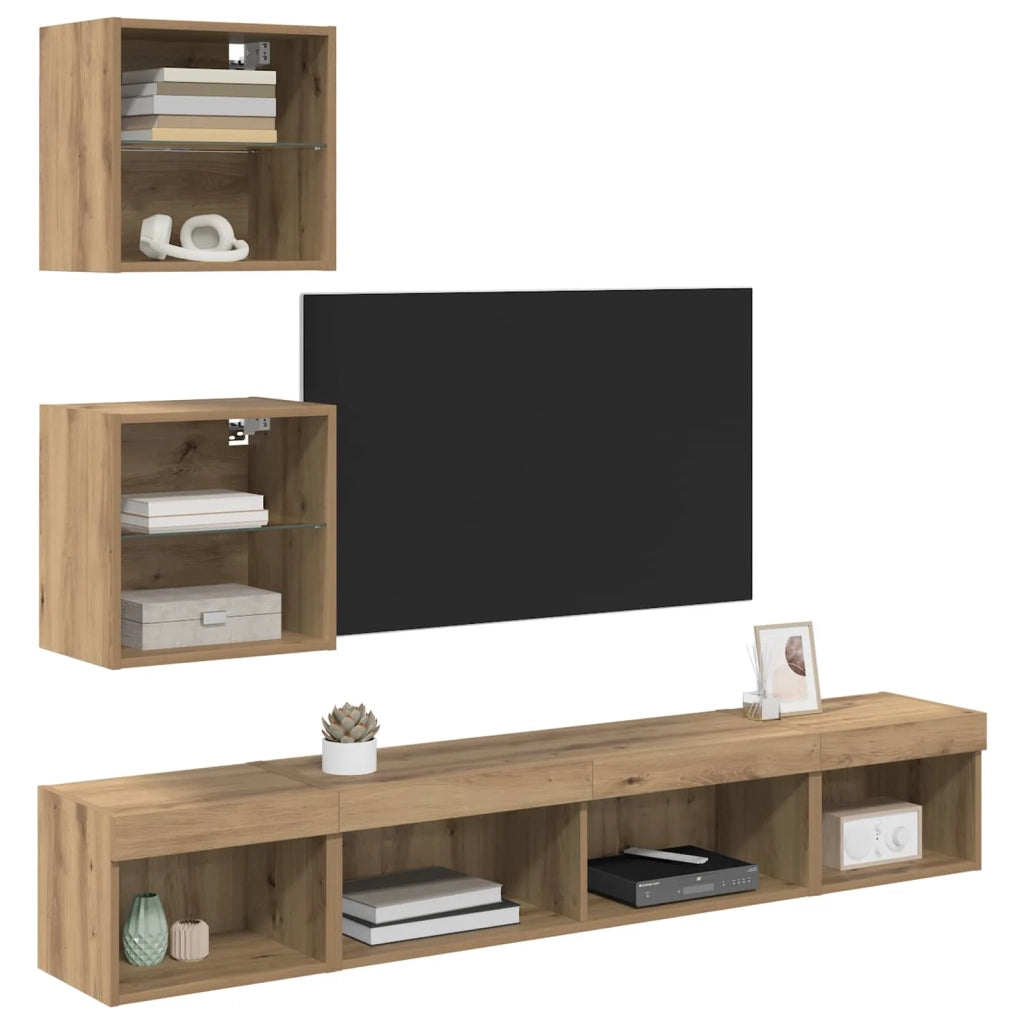 Unit¨¤ a muro per TV con LED con led 5 pz | Armadietto TV | Mobile Porta TV Rovere artigianale