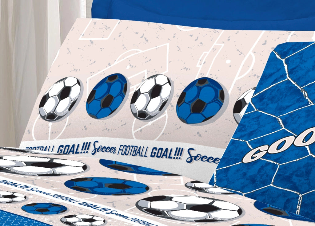 Completo Lenzuola Linea Pensieri Delicati 100% Cotone Disegno Calcio - Singolo - Blu