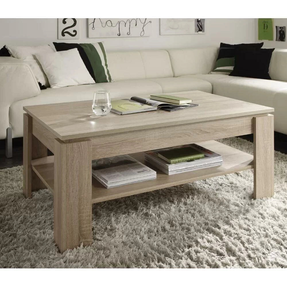 Tavolino Soggiorno con Rialzo Contenitore Tavolo Salotto Moderno Apribile Beige