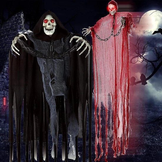 Decorazione horror per Halloween, fantasma appeso con occhi luminosi e suoni spettrali per la casa dei fantasmi, decorazione per giardino - 150 cm