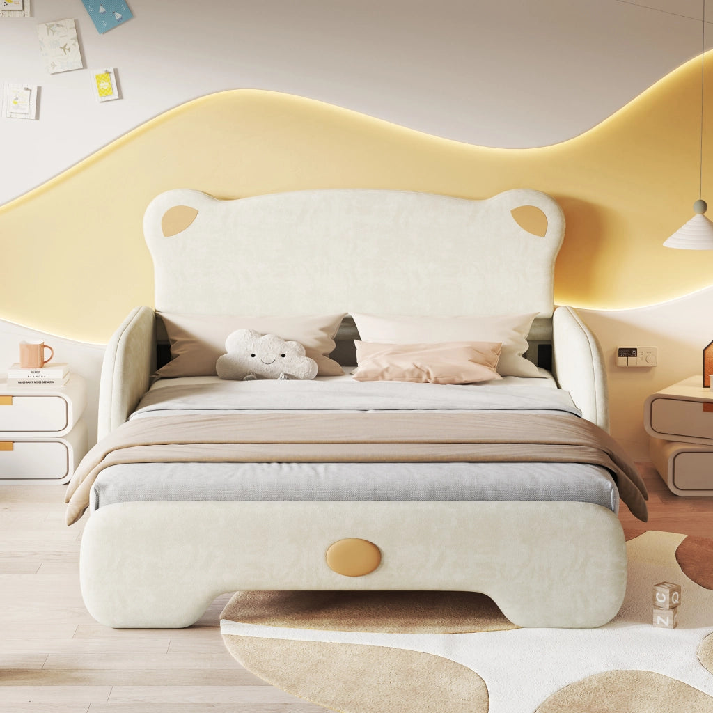 LETTO Matrimoniale in velluto beige 140x200 cm con forma a orso