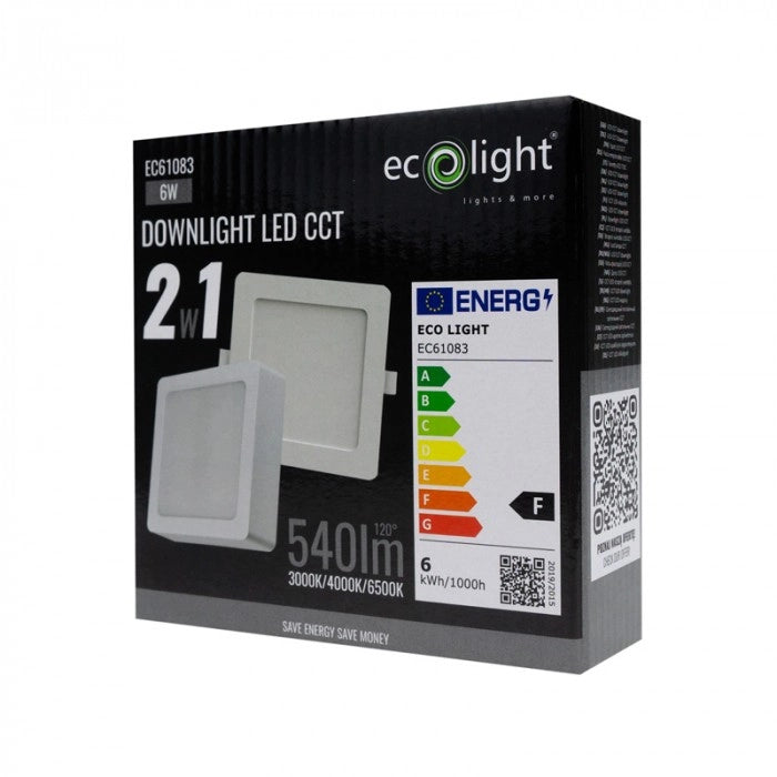 Downlight LED 6W quadrata CCT 2in1 bianca Ecolight