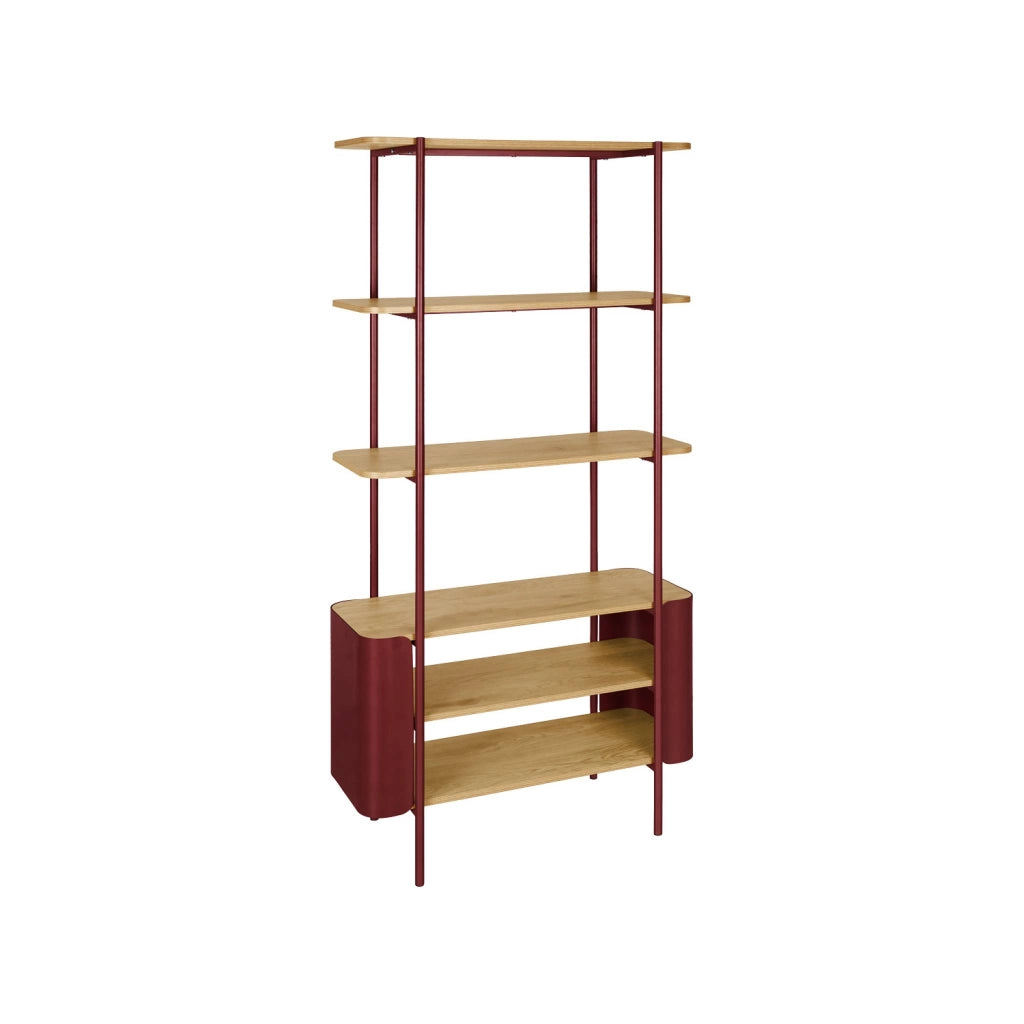 Libreria in metallo curvato e legno a 6 livelli, rosso