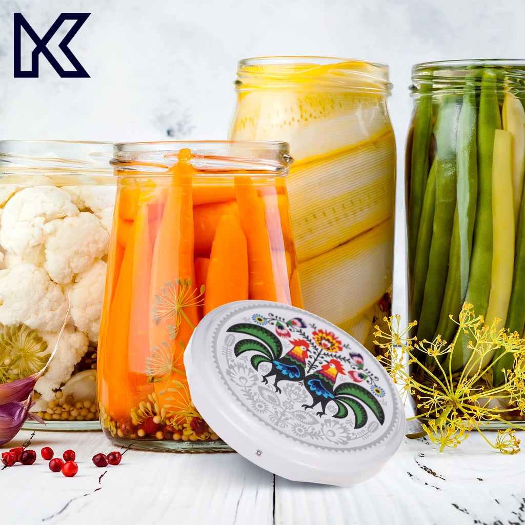 Barattoli per conserve KADAX Lerma 200ml 10 pezzi 66mm + coperchi "Folklore con un gallo"