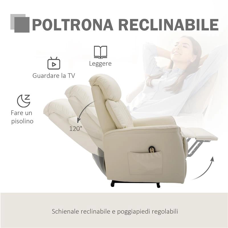 POLTRONA RELAX RECLINABILE CON TELECOMANDO E POGGIAPIEDI COLORE CREMA
