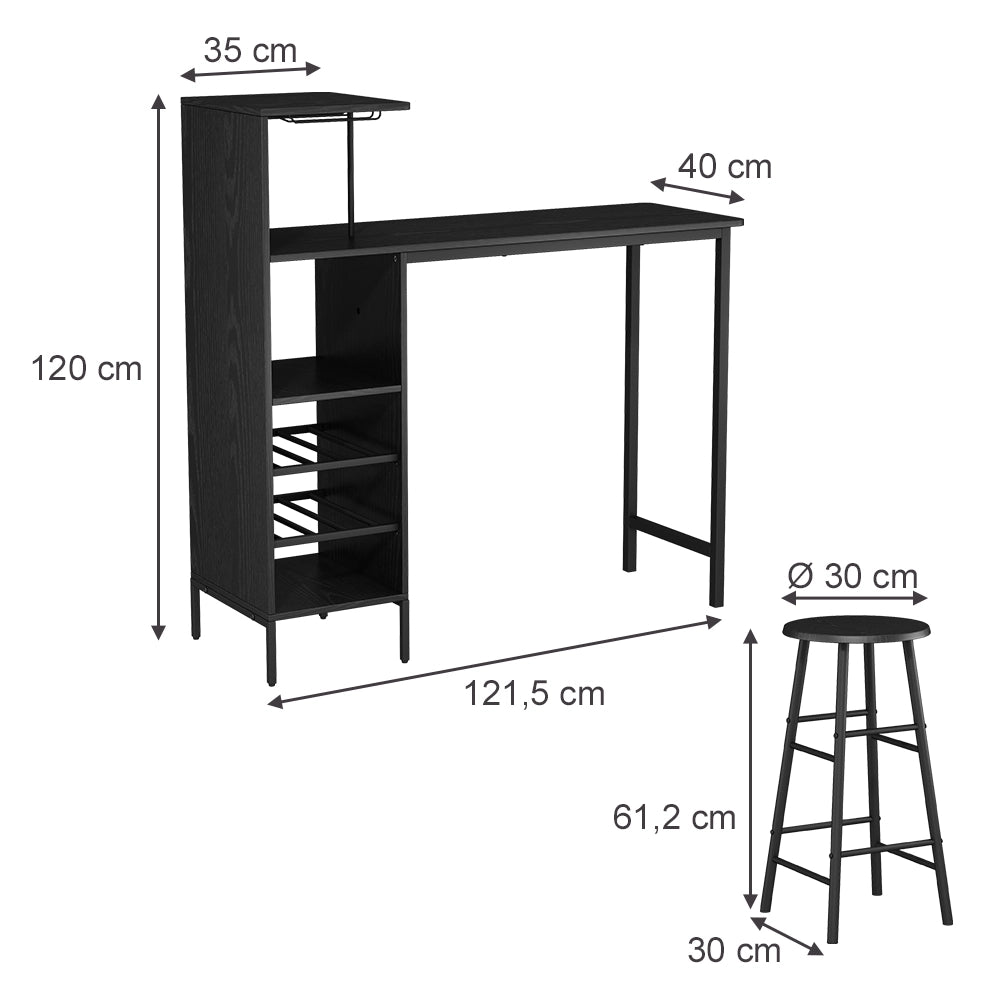 Vicco Set di tavoli da bar Nero 121.5 x 40 cm con 2 sgabelli