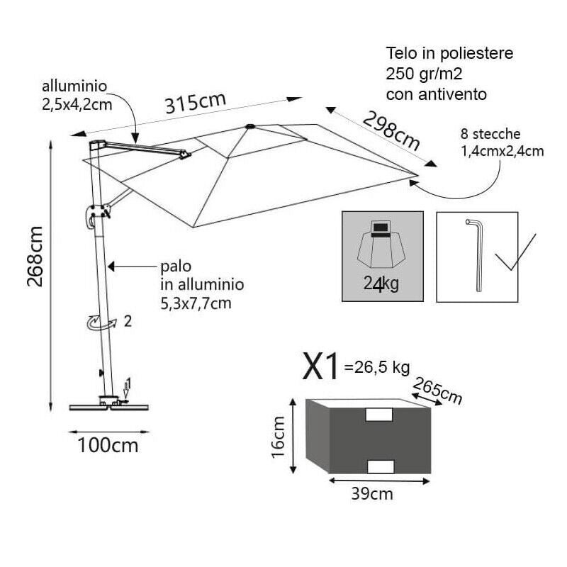 OMBRELLONE PITAGORA CON LUCE LED 3 X 4 CON STRUTTURA E TELO BIANCO