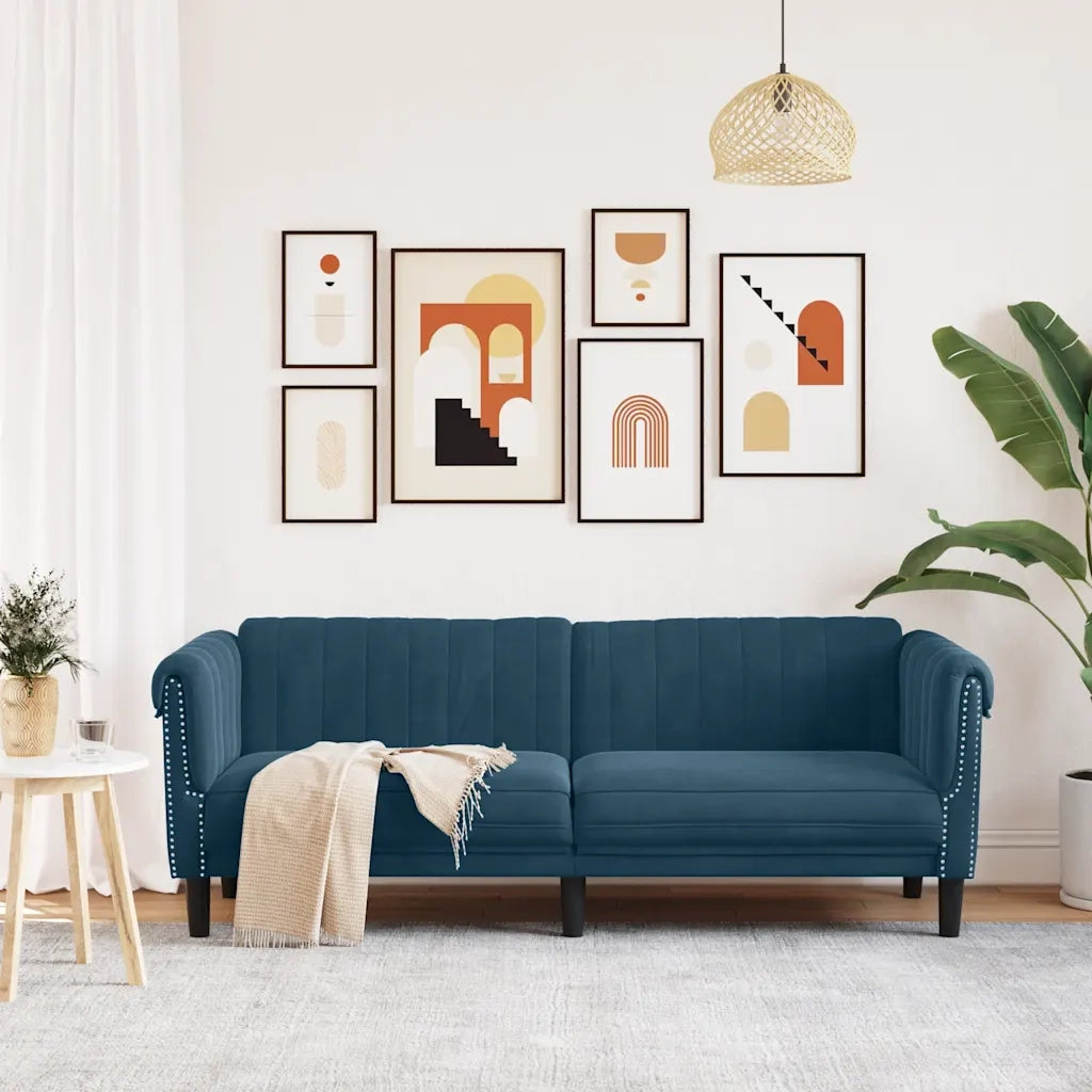 Divano a 3 Posti-Sofa 3 Posti Blu in Velluto