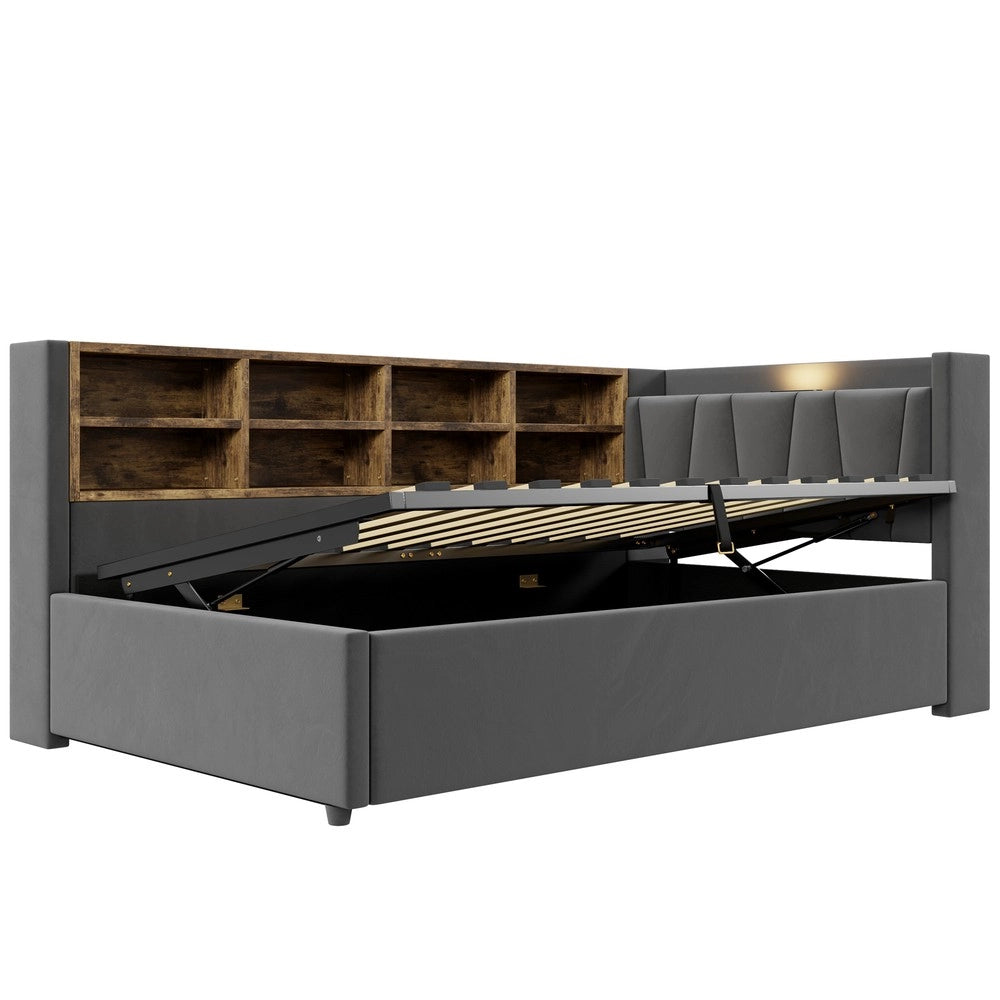Letto Imbottito Contenitore 90x200 con Luce LED e USB ¨C MINIMAL ¨C Velluto Grigio Scuro