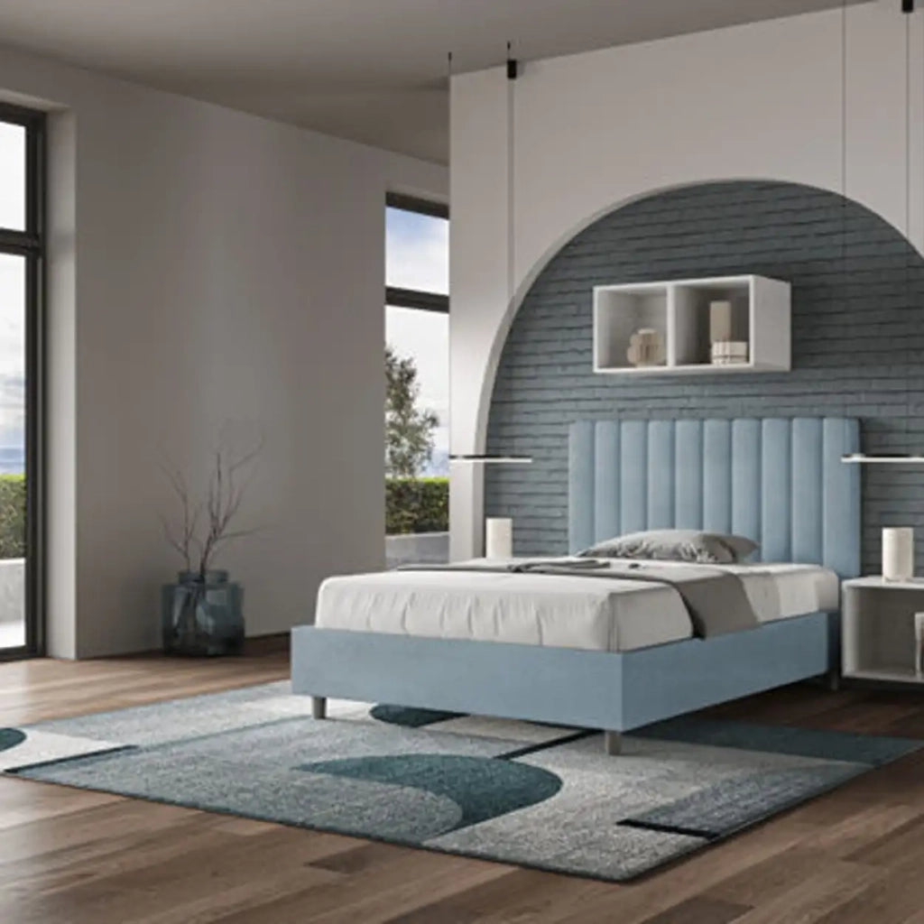 Letto una piazza e mezza contenitore imbottito 120x210 microfibra azzurro Agueda