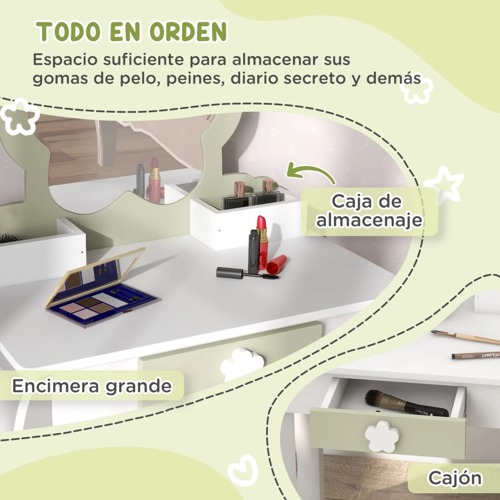 Toletta per Bambini con Specchio e Sgabello ¨C Xylo ¨C 2 Scatole 1 Cassetto 55x34x87,5cm Bianco Verde