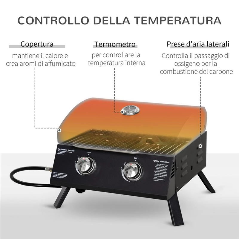BARBECUE A GAS PIEGHEVOLE CON COPERCHIO, TERMOMETRO E 2 BRUCIATORI IN ACCIAIO