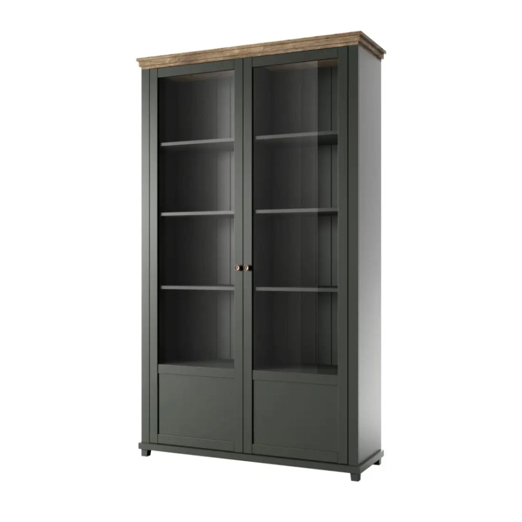 Set ufficio ASSIA verde scuro e legno – Scrivania 180 cm + libreria + vetrina 2 porte in vetro