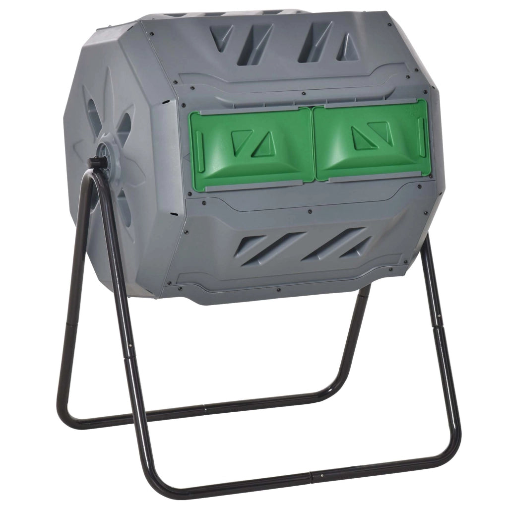 Compostiera a tamburo, composter da giardino da 160 litri con 2 scomparti, compostaggio rapido rotante, per rifiuti organici e da giardino, grigio