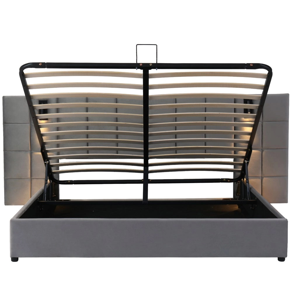 Letto Contenitore Imbottito con LED e USB ¨C Xylo ¨C Velluto Grigio 180x200