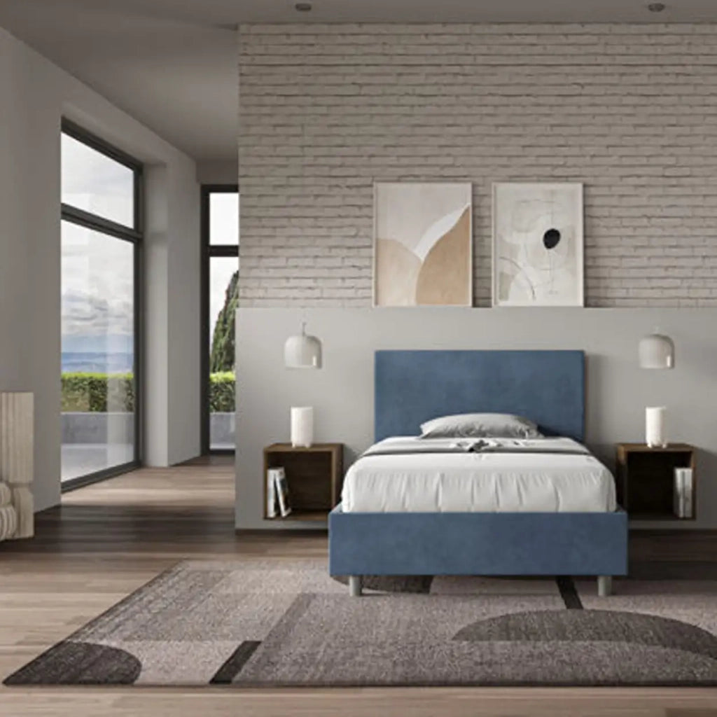 Letto una piazza e mezza contenitore imbottito 120x200 microfibra blu Adele
