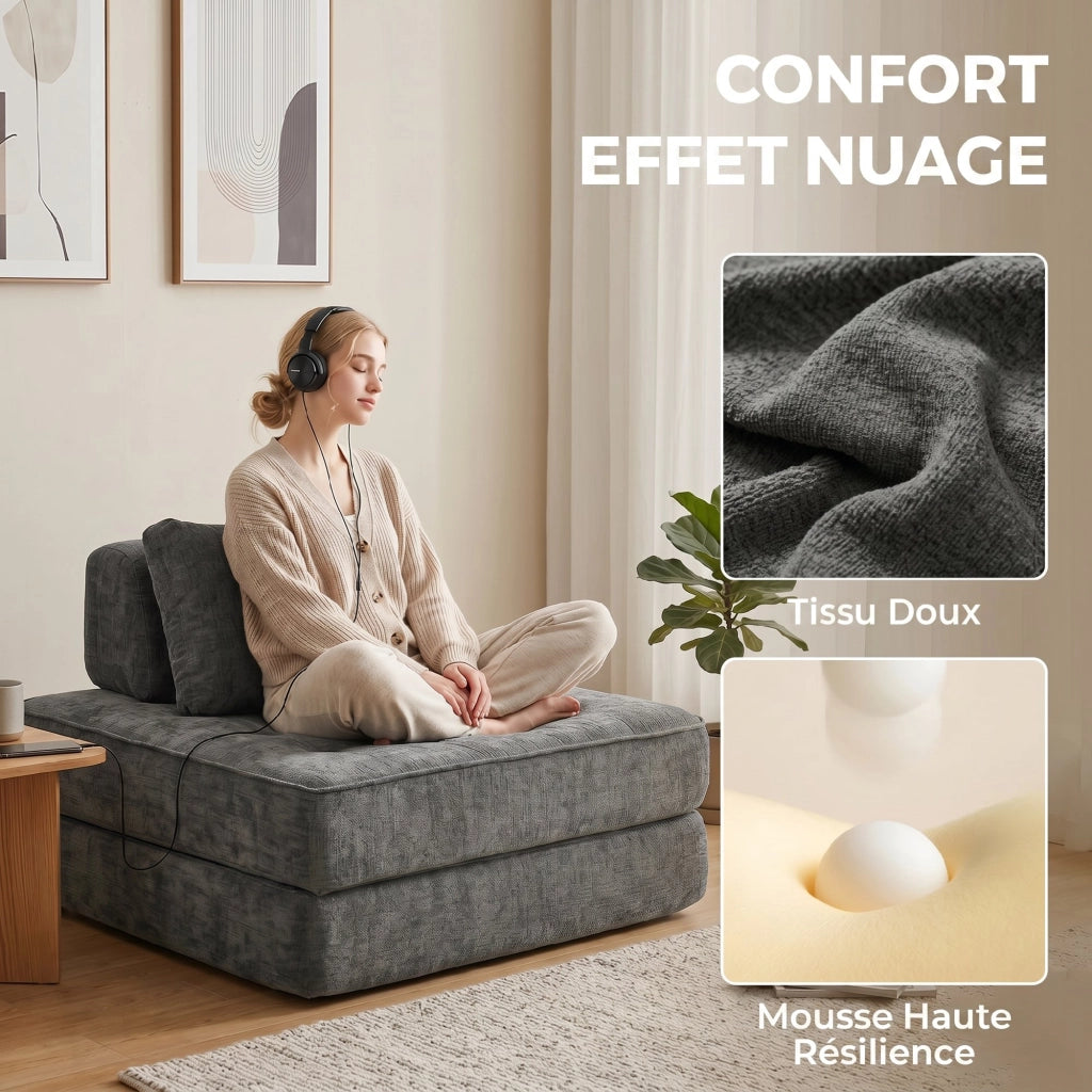 Divano letto 2 posti ¨C zephmum ¨C grigio con cuscino e chenille