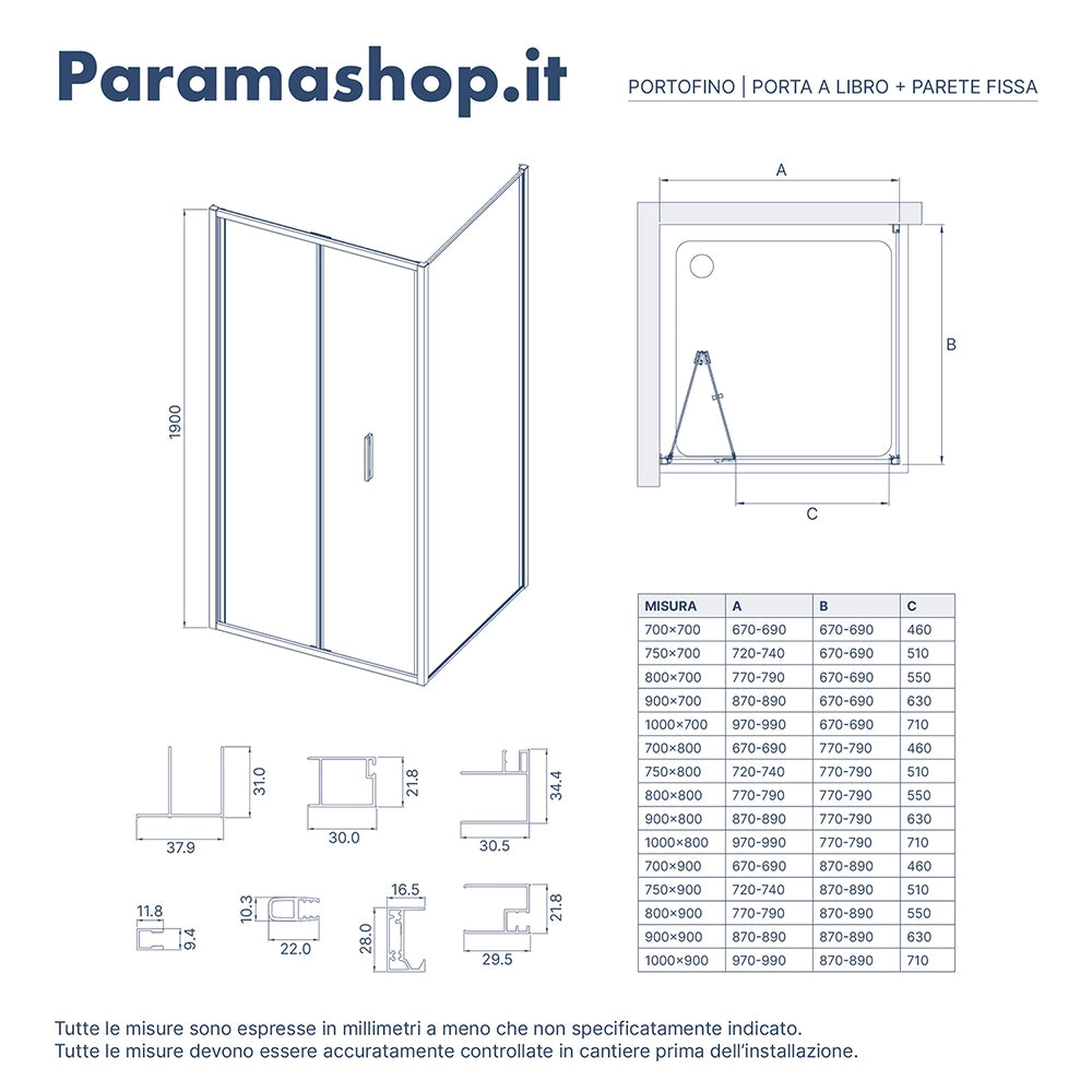 Box doccia slim 70x90cm con porta a libro e parete fissa profili cromati e vetro 6mm opaco h190| Portofino