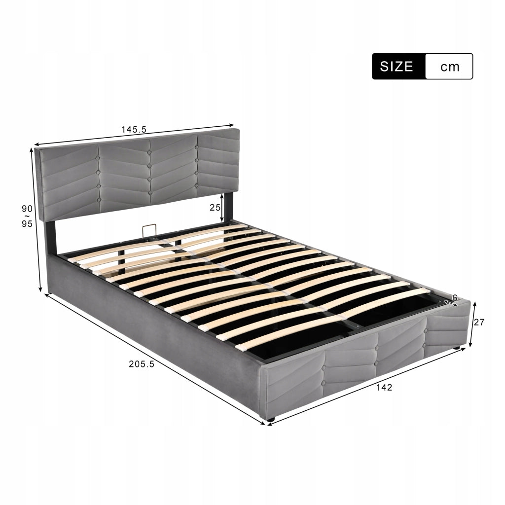 Letto imbottito 140x200 - Xylo - Grigio, velluto, meccanismo idraulico