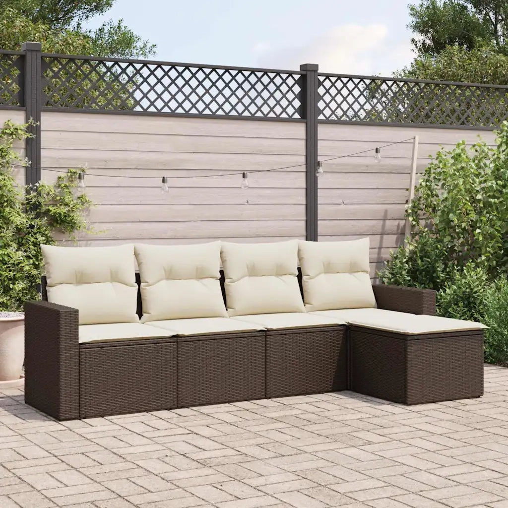 Set Divano da Giardino 5 pz | Set Salotto da Giardino con Cuscini Marrone in Polyrattan