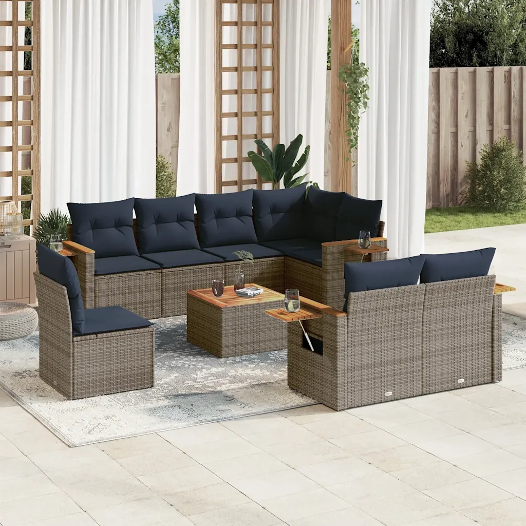 Set Divani da Giardino 9 pz con Cuscini Grigio in Polyrattan
