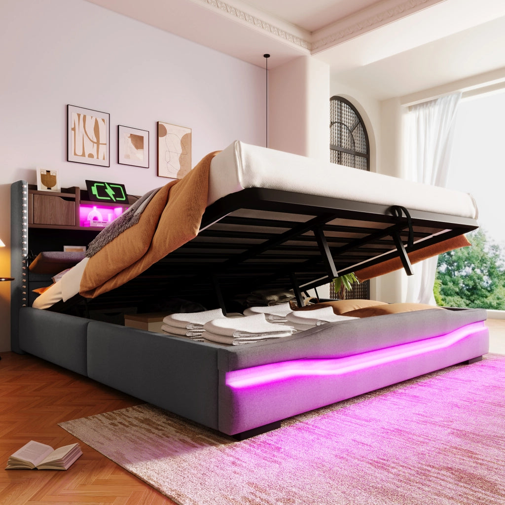 Letto imbottito grigio 180x200 con USB-C LED testiera con vano sollevamento idraulico