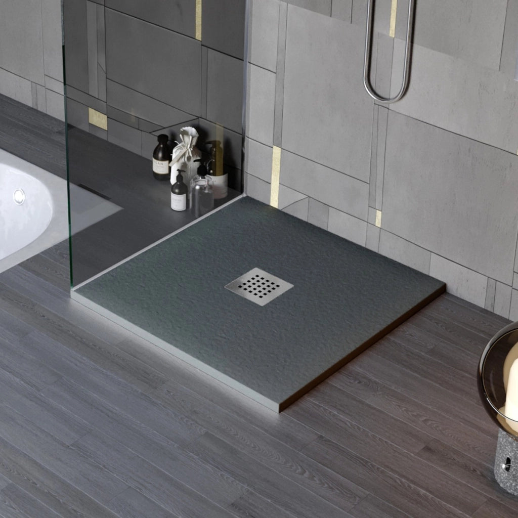 Piatto doccia in marmo resina effetto pietra con foro centrale grigio scuro chic, misura 80x170