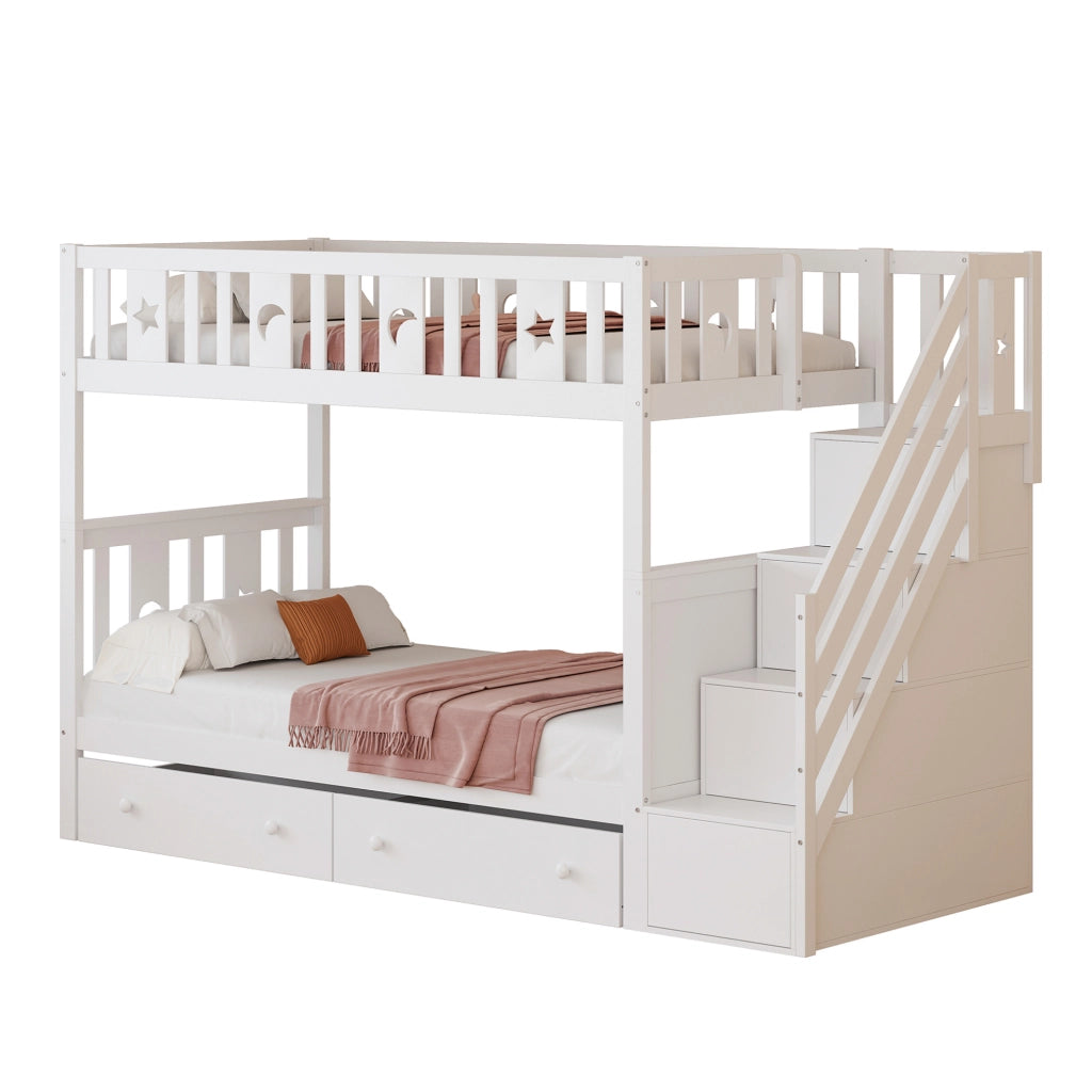 Letto a castello 90x200 cm in legno con scala contenitore e 2 cassetti