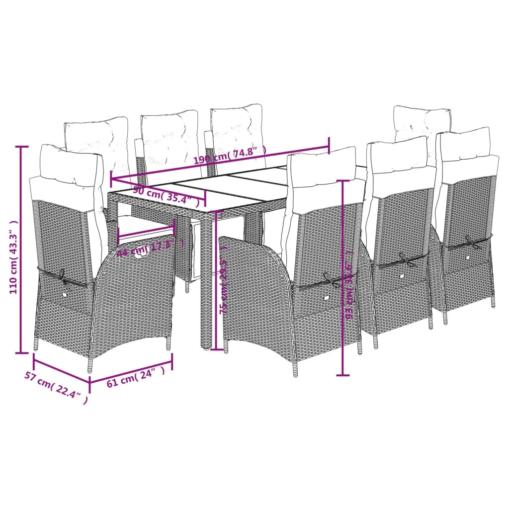 Set da Pranzo da Giardino 9 pz con Cuscini Nero in Polyrattan 3213319