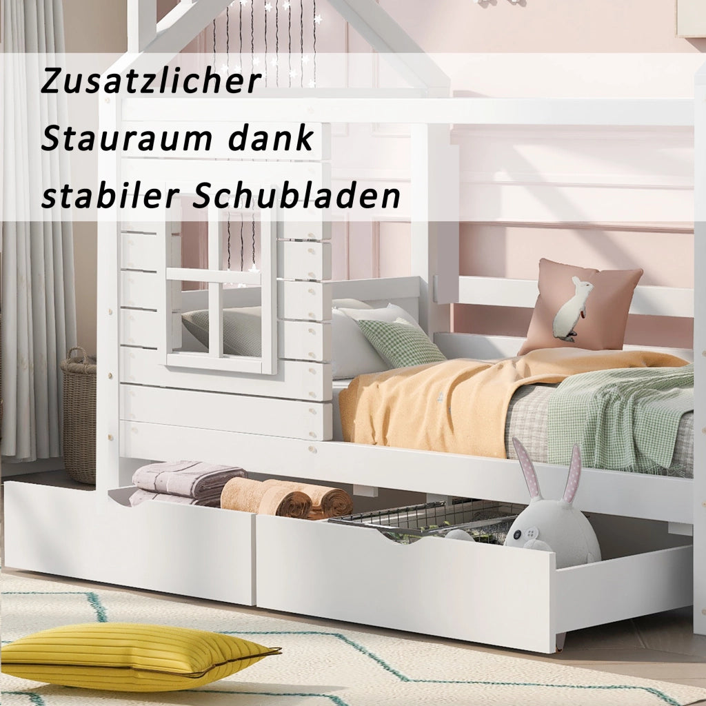OKWISH Letto a Casetta 90×200 cm, Letto Singolo con Sponda, 2 Cassetti e Finestre, senza Materasso, in Pino Massello, Bianco
