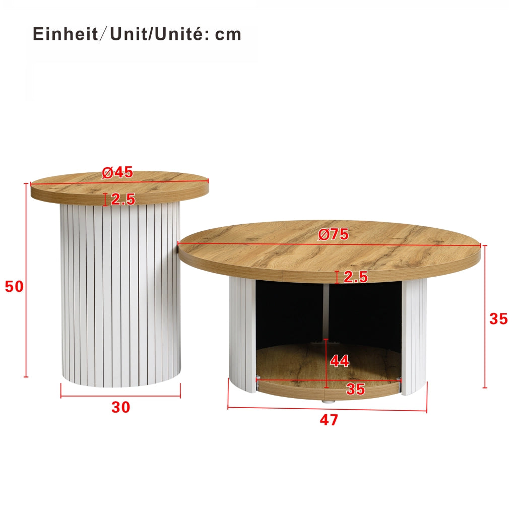 OKWISH Tavolini da Salotto Impilabili Rotondi Stile Nordico con Tavolo Principale e Tavolino Laterale, MDF, Naturale