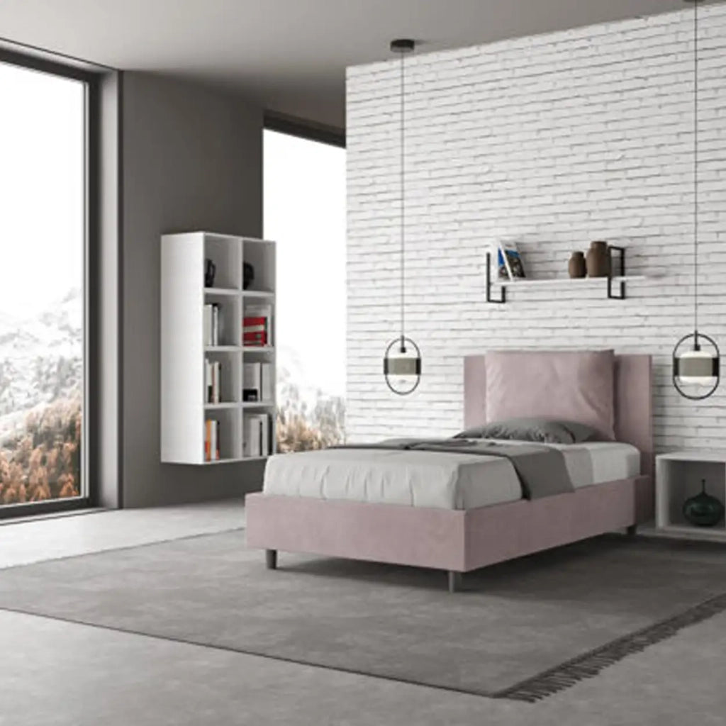Letto una piazza e mezza contenitore imbottito 120x210 microfibra glicine Antea