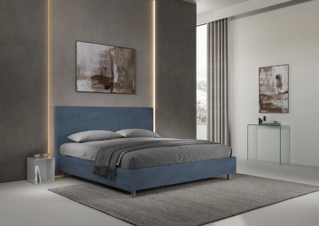 Letto Matrimoniale King Size 200x210 cm con Rete Imbottito in Microfibra Mika Blu