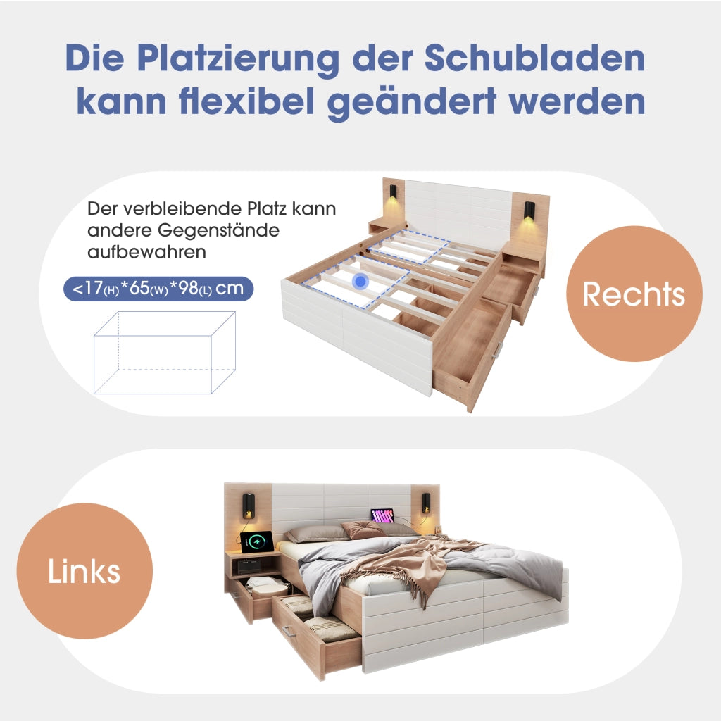 LETTO Contenitore 140x200 cm Bianco e Rovere con 2 cassetti