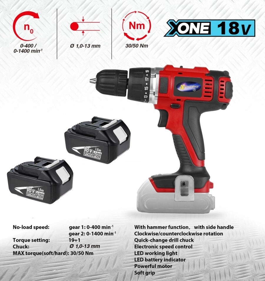 TRAPANO AVVITATORE A PERCUSSIONE DOPPIA BATTERIA A LITIO 18V 3,0 AH