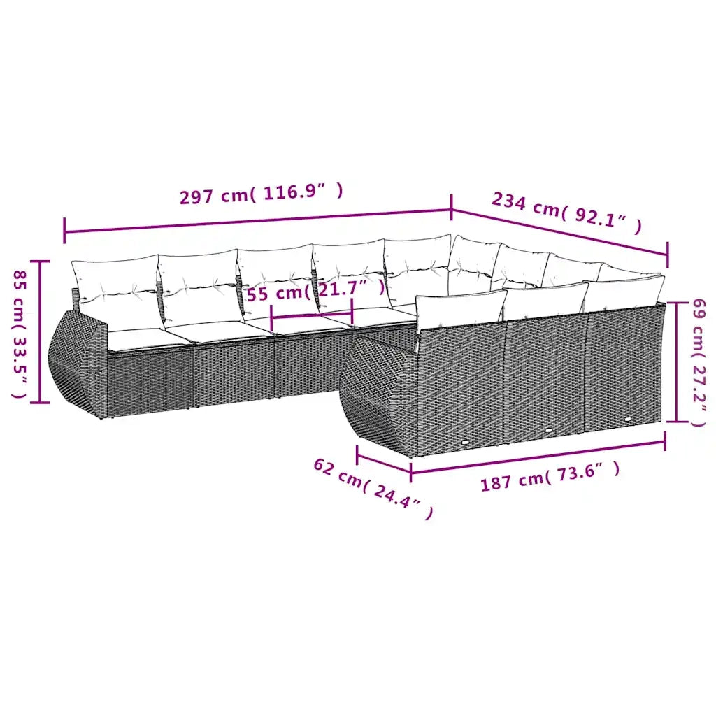 Set Divano Giardino 10 pz con Cuscini Grigio Chiaro Polyrattan